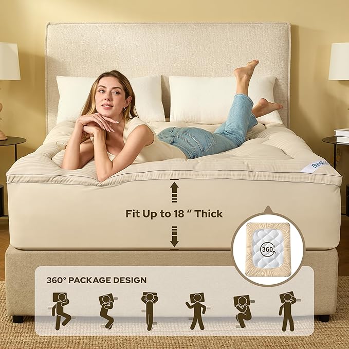 BEDLORE King Mattress Topper, Thick Pillow Top Pad for Back Pain Relief, Soft Mattress Cover with Deep Pockets 6-18 inch(Brige)
