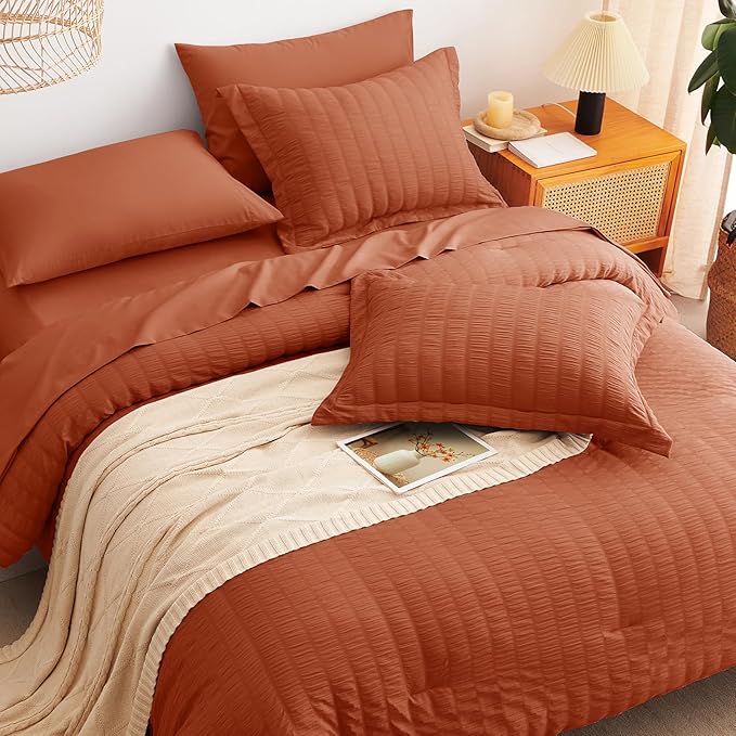 CozyLux Full Size Comforter Sets with Sheets 7 Pieces, Burnt Orange Seersucker Bed in a Bag Textured Luxury Soft Bedding Sets with Down Alternative Comforter, Sheets, Pillowcases & Shams, Terracotta