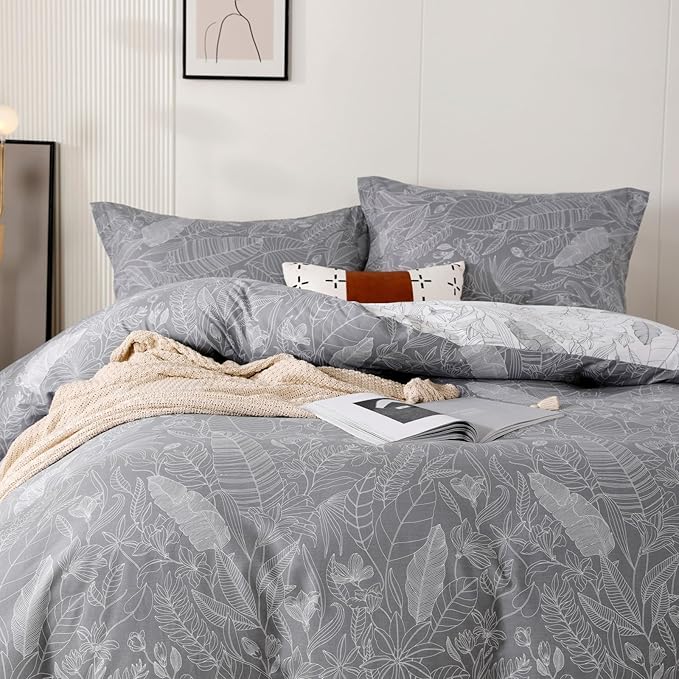 OAITE Duvet Cover Set,100% Cotton Comforter Cover with Leaf Pattern Duvet Cover Set,Soft Bedding Set Includes with 3 Piece (2 Pillow Shams,1 Duvet Cover)