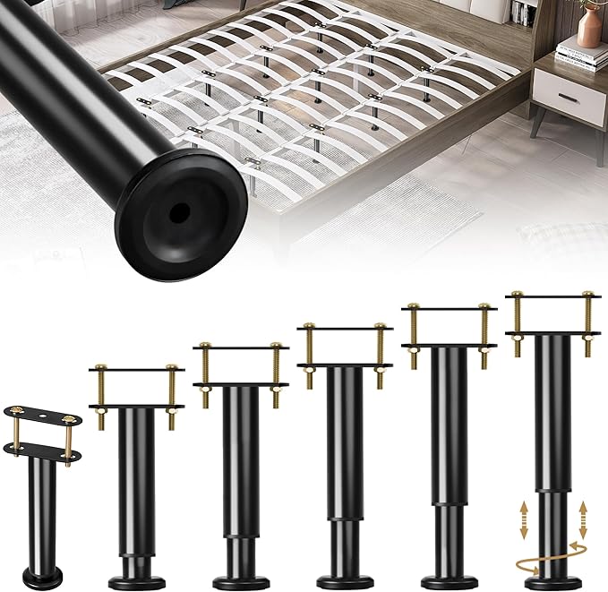 6 Pcs Adjustable Height Bed Support Legs, 6-9 Inch Metal Under Bed Frame Support Legs, Extra Sturdy Bed Legs Replacement Parts with Rubber Non-Slip Base for King Queen Frame Wooden Center Slat
