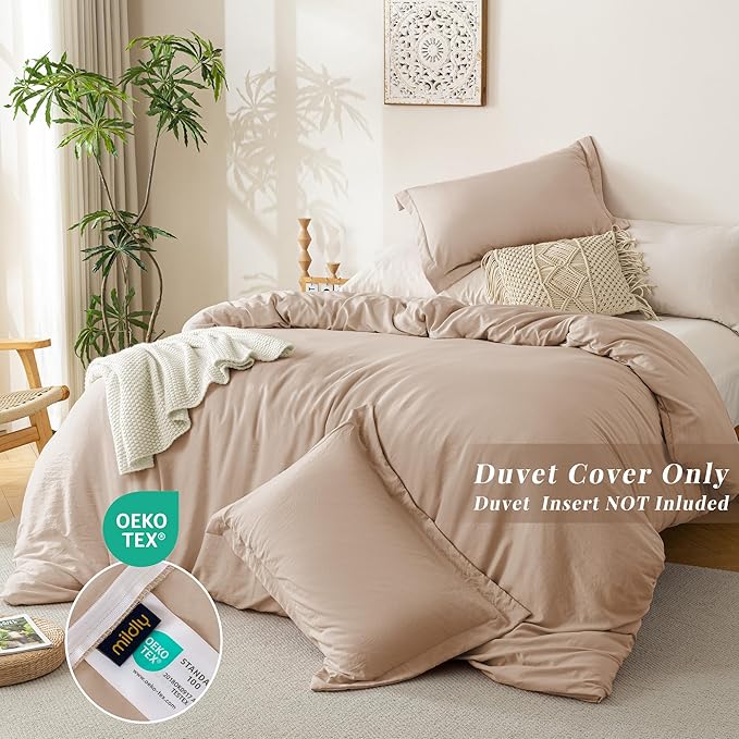 MILDLY Super Soft Duvet Cover - 100% Washed Microfiber Rugby Tan Comforter Cover Set 3 Pieces with Zipper Closure & Corner Ties (No Comforter)