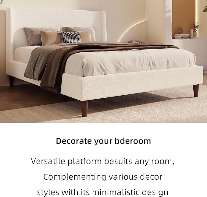 Merax Solid Wood Queen Size Boucle Bed Frame with Wingback Headboard, Modern Upholstered Platform with Walnut Wooden Legs, Strong Wooden Slats, No Box Spring Needed, Easy Assembly, Noise-Free, Ivory