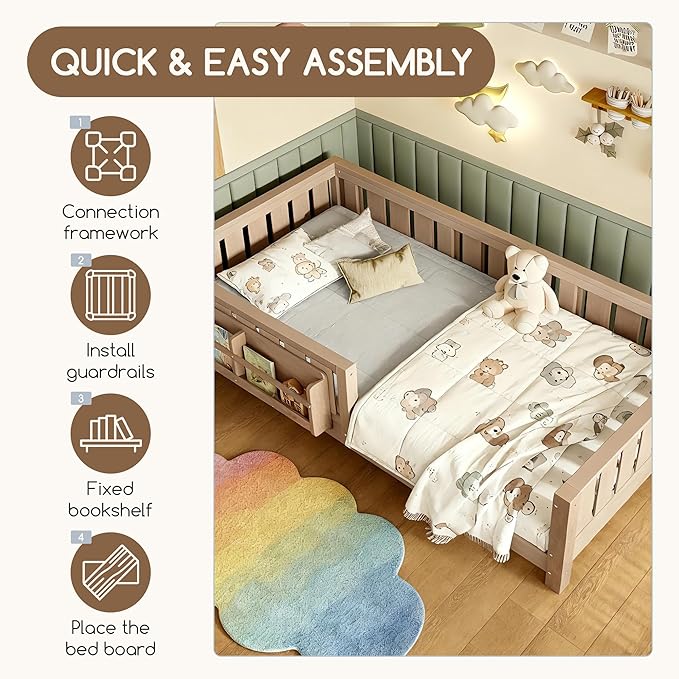 Bellemave Twin Floor Bed Frame with Fence & Bookshelf, Solid Pine Wood Twin Montessori Floor Bed with Slats Load 300LBS, Low Profile Floor Bed for Kids, Bedroom, Nursery, Easy Assembly, Oak Brown