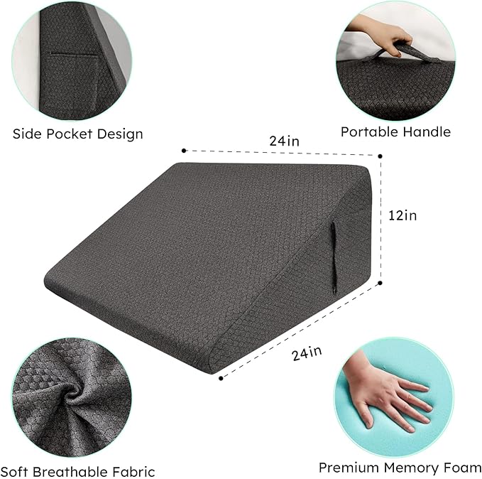 Bedluxe Wedge Pillow, 12 inch Bed Wedge Pillow, Elevated Body Pillow for Back Support, Acid Reflux, Leg, Neck Pain, Snoring, Triangle Pillow Wedge - Cooling Memory Foam Top, Dark Grey