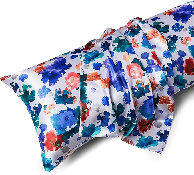 MR&HM Satin Body Pillow Cover, Soft and Breathable Body Pillow Case with Envelope Closure, Cooling and Silky Long Pillowcase for Hair and Skin,Grey (20x54, Floral Mixted)