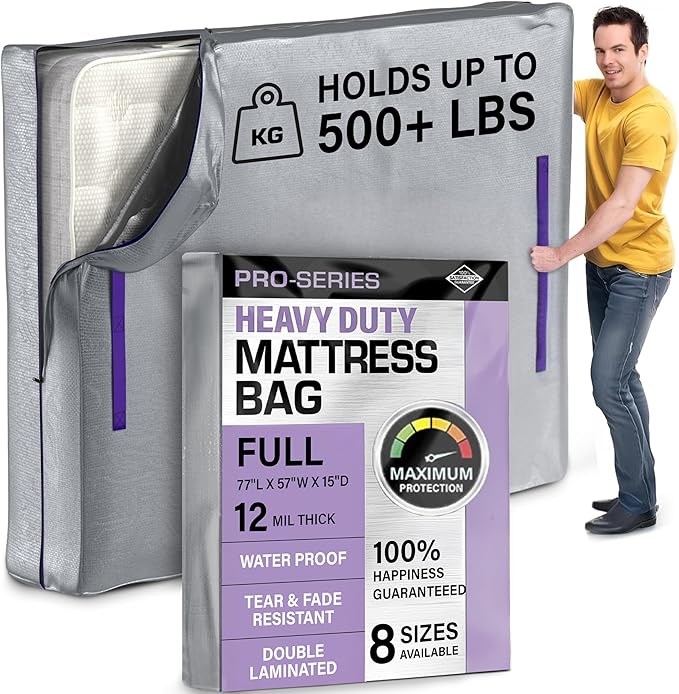 Mattress Storage Bag Full Size - Heavy Duty 10 Mil Thick Plastic Mattress Bags For Moving Full Size - Zipper And 8 Carrying Handles. Outoor Mattress Cover For Moving - Moving Mattress Protector Bag