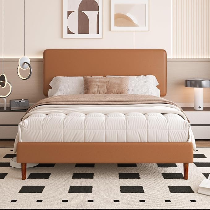 Full Size Leather Platform Bed Frame with Adjustable Upholstered Headboard, Solid Wooden Legs, No Box Spring Needed, Easy Assembly, Noise Free, Orange-Brown