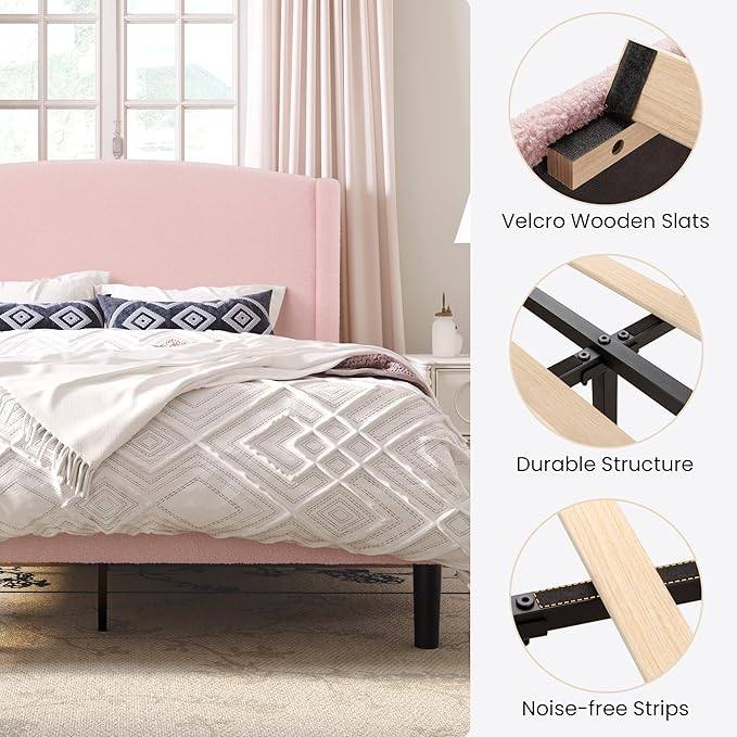 SHA CERLIN Full Size Bed Frame with Soft Teddy Fabric, Boucle Upholstered Platform Bed, Curved Headboard Design, Wooden Slats Support, Noise-Free, No Box Spring Needed, Easy Assembly, Pink