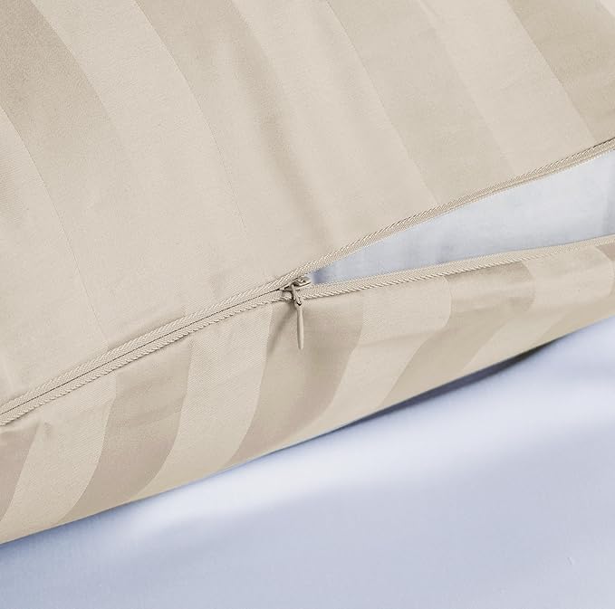 100% Egyptian Cotton Pillow Protectors Set of 4, 600 Thread Count Queen Size Bed Pillow Cases with Zipper, Sateen Weave Cooling Pillow Cases Quiet and Breathable Easy Care (4PCS, Stripe-Beige)