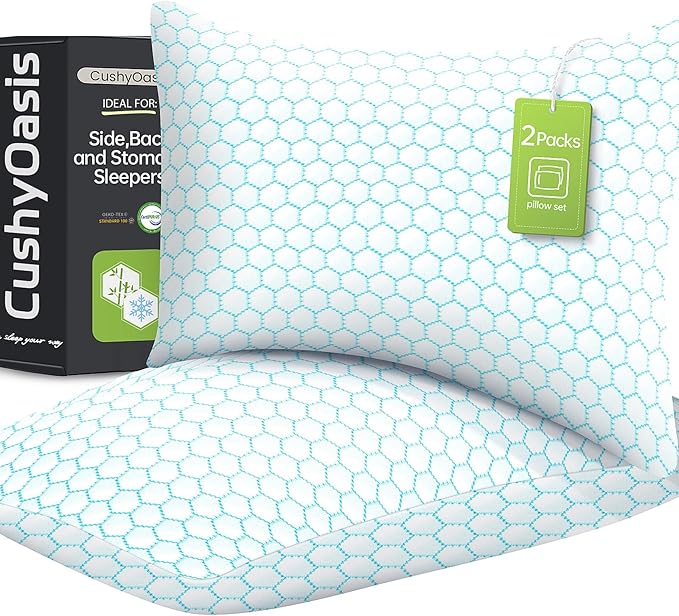 CushyOasis Shredded Memory Foam Pillow for Sleeping, Cooling Bed Pillows Set of 2, Adjustable Pillows for Side, Back, Stomach Sleepers with Washable Pillowcase (King Size, Blue)