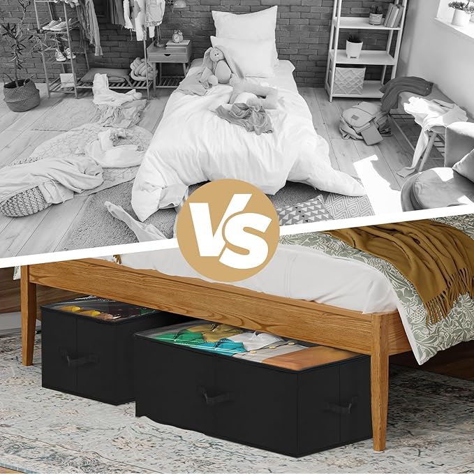 Large Under Bed Storage Containers, 12 inch Tall Underbed Storage Bins with Clear Lids, Deep Under Dorm Bed Storage Drawers Organizer for Shoes, Clothes, Blankets (2 Pack, Black, 31.5"x16"x12")