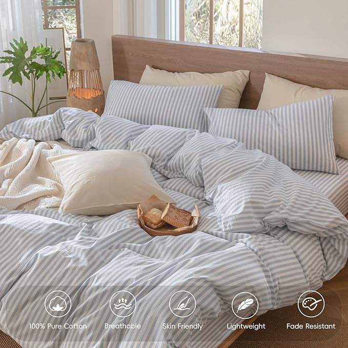 MooMee Striped Duvet Cover Set 100% Washed Cotton Linen Like Textured Breathable Durable Soft Comfy (Cornflower Blue White Classic Stripes, Twin 68"x90")