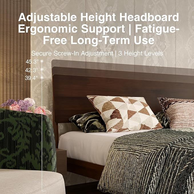 Novilla King Size Bed Frame with 3-Level Adjustable Storage Headboard, Solid Wood Platform Bed Frame with Slats, No Box Spring Needed, Noise Free, Walnut Finish for Master Bedroom and Guest Room