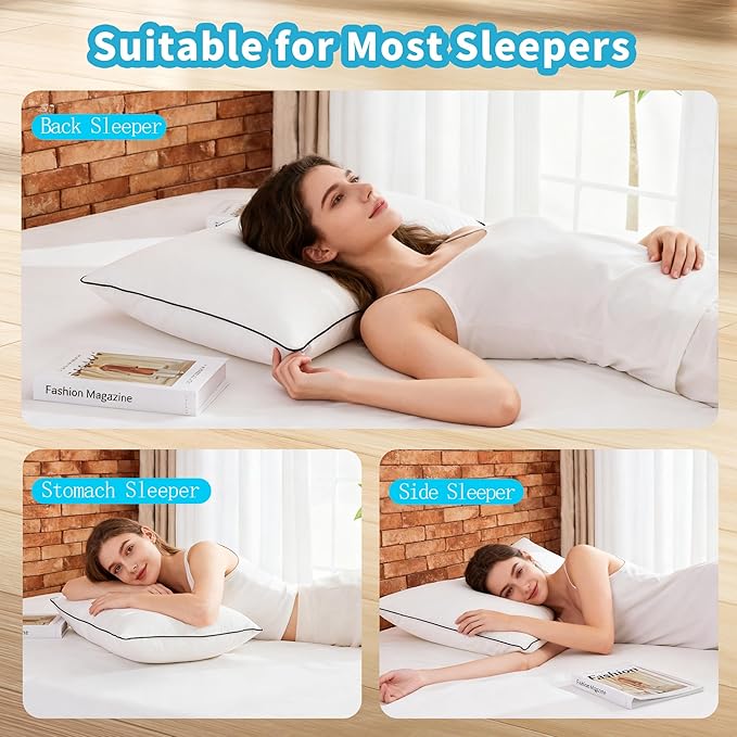 Feather Down Pillow Queen Size Set of 2, 100% Cotton Luxury Hotel Collection Bed Pillows for Sleeping, Down Surrounded Fluffy Soft Medium Firm Pillows for Side Back Stomach Sleepers 20" x 30"