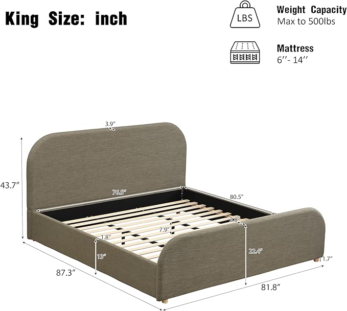 Christopher Knight Home Lanet Linen Upholstered King Size Bed Frame with Headboard, Modern King Bed Frame and Headboard, Wooden Slats Support, Easy Assembly, No Box Spring Needed, Olive Green