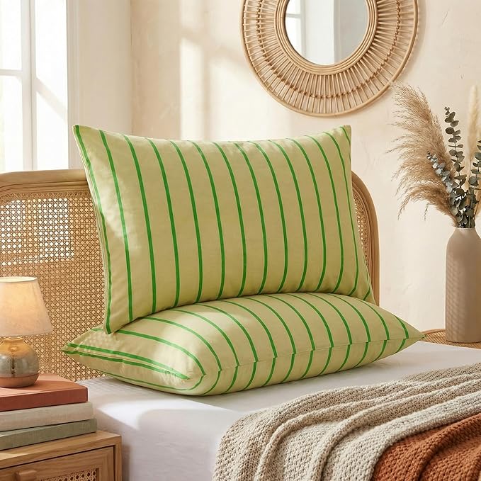 Merryword 100% Cotton Pillow Cases, Standard Size Pillowcases, Khaki & Green Striped Pillowcases, Luxury Linen Like Pillowcase, Soft Breathable Track Stripes Pillow Covers, Set of 2