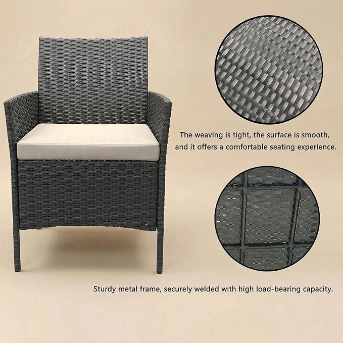 GarveeHome 3-Piece Patio Bistro Set, PE Rattan Outdoor Conversation Furniture with 2 Cushioned Chairs & Coffee Table, Weather-Resistant for Backyard, Balcony, Porch (Beige Cushion)