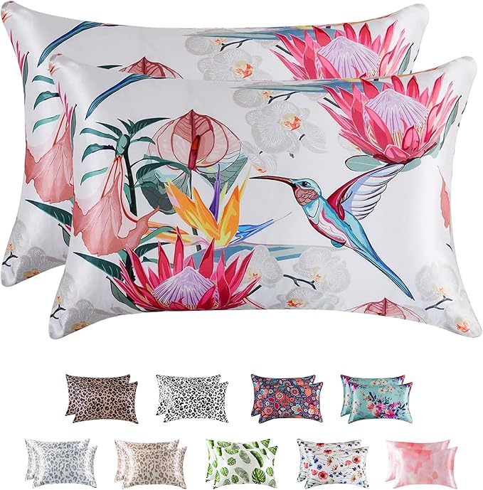 MR&HM Satin Pillowcase for Hair and Skin, Silk Satin Pillowcase 2 Pack, Queen Size Pillow Cases Set of 2, Silky Pillow Cover with Envelope Closure (20x30, Floral Bird)