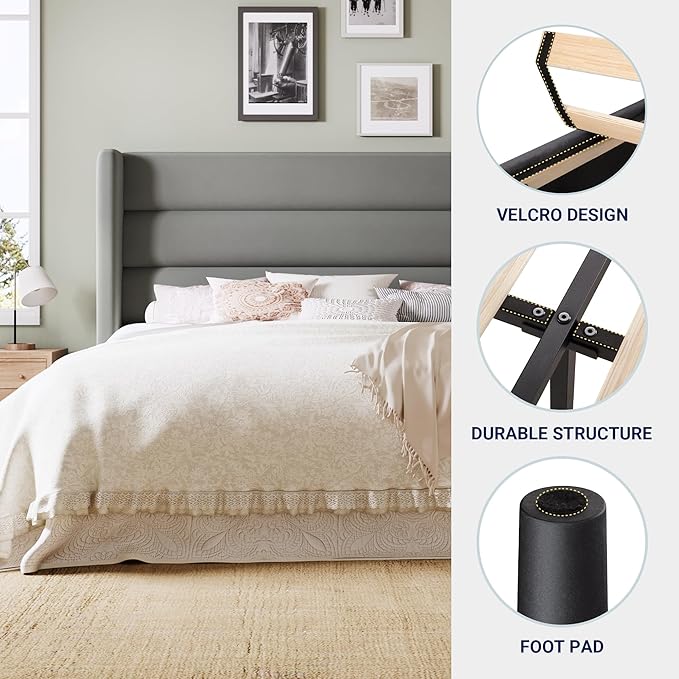Allewie Full Size Platform Bed Frame with Velvet Upholstered Wingback Headboard, No Box Spring Needed, Under Bed Storage Space, Strong Wooden Slats, Modern Mattress Foundation, Easy Assembly, Grey