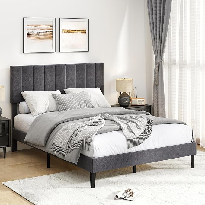 Giantex Full Size Upholstered Bed Frame, Platform Bed with Height Adjustable Vertical Channel Headboard, Wooden Slats Support Mattress Foundation, No Box Spring Needed, Noise Free, Grey