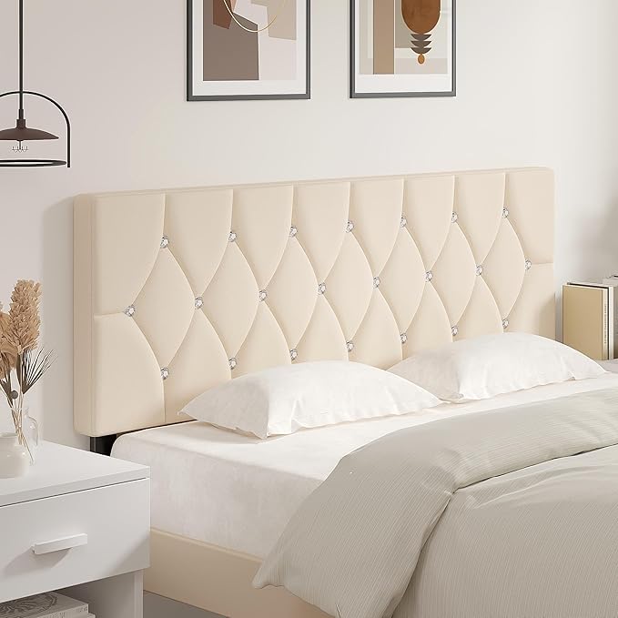 VECELO Tufted Upholstered Headboard King Size, with 6 Adjustable Height from 39.8" to 49.8", Button Diamond Design, Easy Assembly, Beige