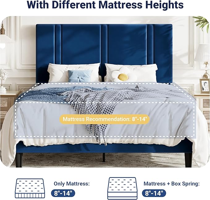Allewie Queen Platform Bed Frame with Adjustable Headboard, Plush Velvet Upholstered, Vertical Channel Tufted, Sturdy Wooden Slats, No Box Spring Needed, Easy Assembly, Blue