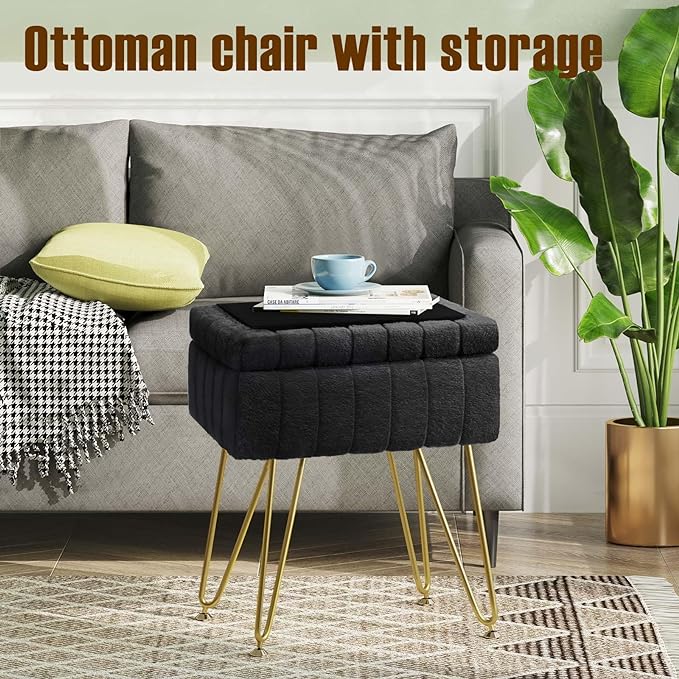 Greenstell Vanity Stool Chair Faux Fur with Storage, 15.7"L x 11.8"W x 19.4"H Soft Ottoman 4 Metal Legs with Anti-Slip Feet, Furry Padded Seat, Modern Multifunctional Chairs for Makeup, Bedroom Black