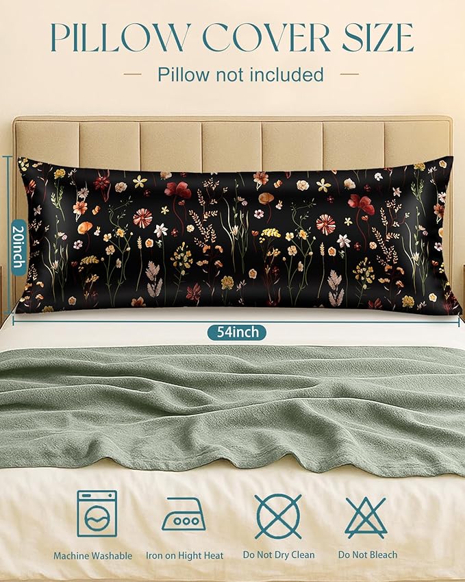 Miss Adola Silk Body Pillow Cover with Zipper - 20x54 Inch Silk Long Pillow Case for Women Ladies Adults Soft Bed Decorative Cute Boho Large Body Pillowcase Sham for Hair and Skin, Black Grow Flower