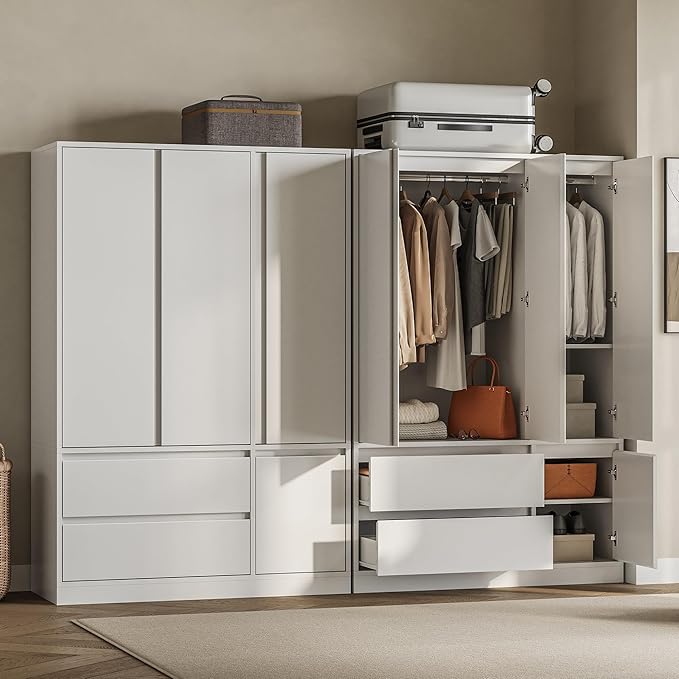 IRONCK 47.2" Armoire Wardrobe Closet with Drawers, White Armoire with Hanging Rods & DIY Adjustable Shelves, Modern Wardrobe with Soft-Close Hinges & Anti-Tip Device, Freestanding Closet for Bedroom