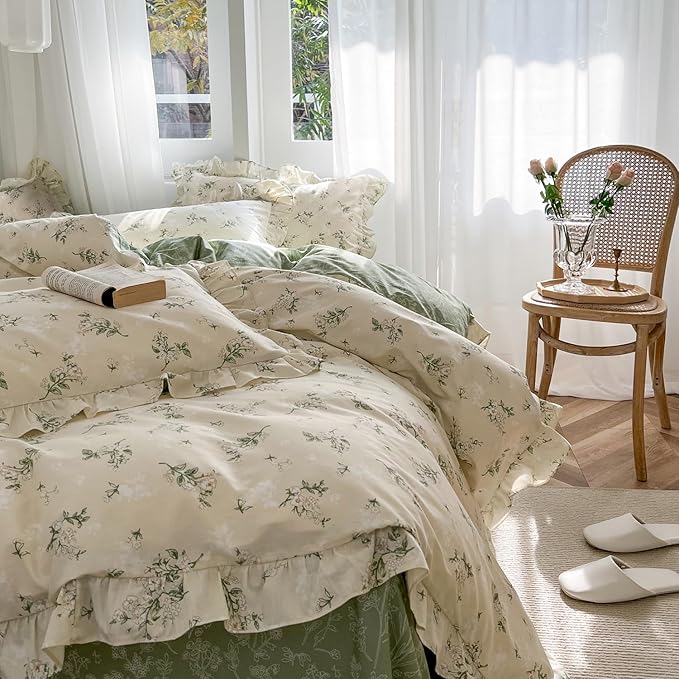 mixinni Reversible Sage Green Floral Duvet Cover Set Full Size - 100% Cotton Soft Botanical Bedding with Ruffle Lace, 3 Pieces Cute Aesthetic Cottagecore Antique Style Duvet Cover Set for Girls Women