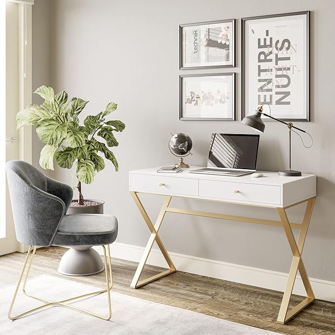 BELLEZE Modern 42 Inch Makeup Vanity Dressing Table or Home Office Computer Laptop Writing Desk with Two Storage Drawers, Wood Top, and Gold Metal Frame - Ellena (White)