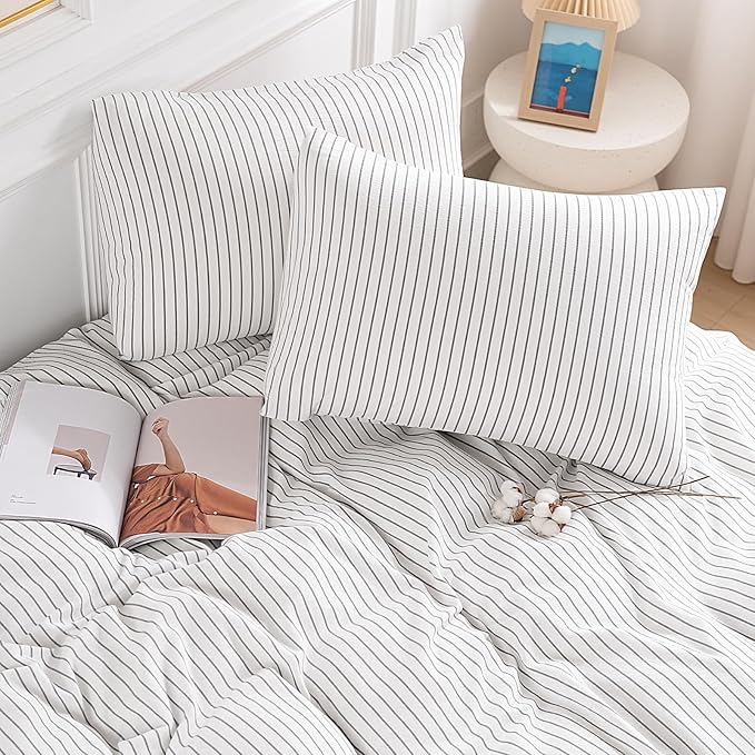 NEXHOME PRO Striped Duvet Cover Full Size,100% Washed Cotton Bedding Set,Textured Linen Feel,Breathable,Organic,3 Piece(Grey Stripes 80x90)