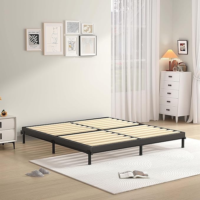 MAF 2 Inch Queen Box Spring with Round Corners, Low Profile Box Spring for Queen Bed, Bunkie Board with Wood Slats Bed Slat Replacement 3500 lbs Black Heavy Duty Mattress Foundation, Easy Assembly
