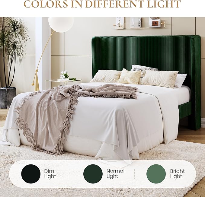 SHA CERLIN Queen Size Corduroy Upholstered Platform Bed Frame with Vertical Channel Tufted Wingback Headboard, 8" Under Bed Storage, Wooden Slats & Metal Frame Support, Easy Assembly, Dark Green