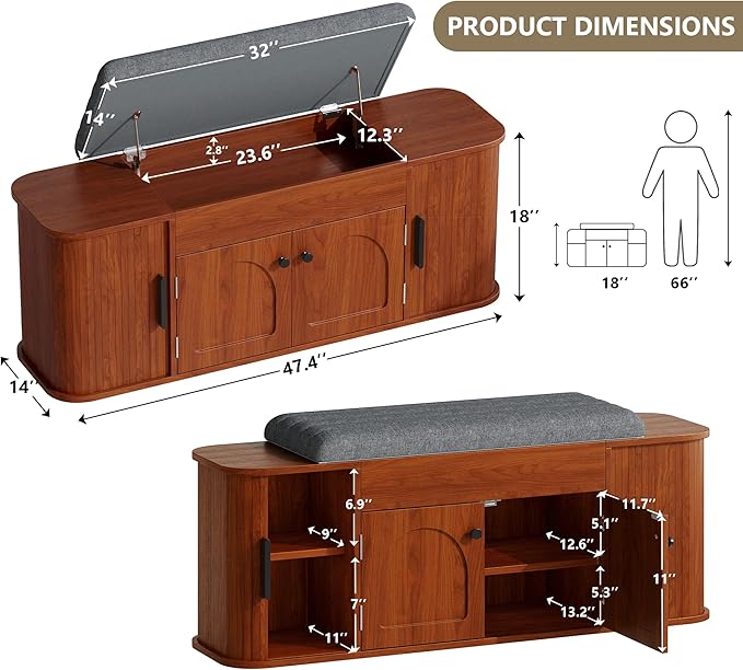 Einhomn 47.2'' Sliding Door Entryway Shoe Storage Bench with Seat Cushion, Shoe Rack with Lift-Top Hidden Storage & Adjustable Shelf, Bench for Bedroom End of Bed, Walnut