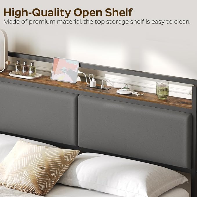 YATINEY Queen Size Headboard with Storage Shelves, Upholstered Headboard with Charging Station, Height Adjustable, Sturdy and Stable, Vintage Style, Rustic Brown, Gray and Black