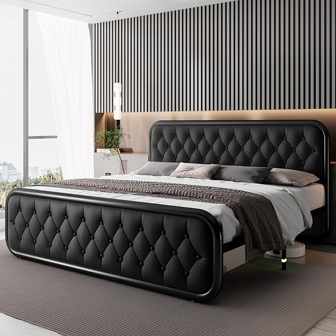 Feonase King Size Bed Frame, Upholstered Bed Frame with Faux Leather Headboard, Heavy Duty Platform Bed with Strong Metal Slats, 12 Inch Under-Bed Storage, Noise-Free, Easy Assembly, Black