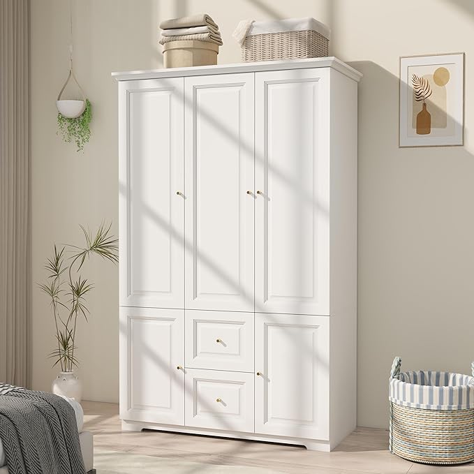 White Wardrobe with 2 Drawers: 74" Large Wardrobe Closet for Hanging Clothes, Tall Armoire Closet with 3 Doors, Bedroom Armoires with Hanging Rod (47")