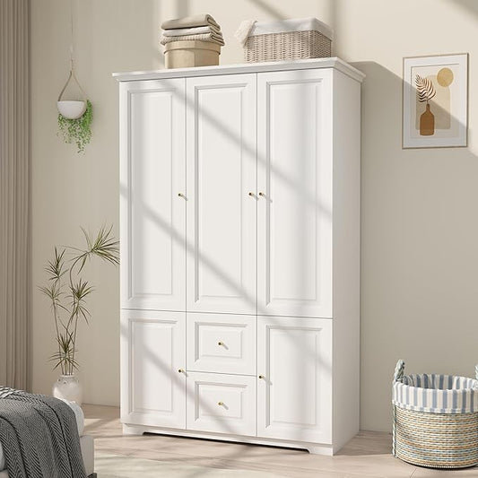 White Wardrobe with 2 Drawers: 74" Large Wardrobe Closet for Hanging Clothes, Tall Armoire Closet with 3 Doors, Bedroom Armoires with Hanging Rod (47")