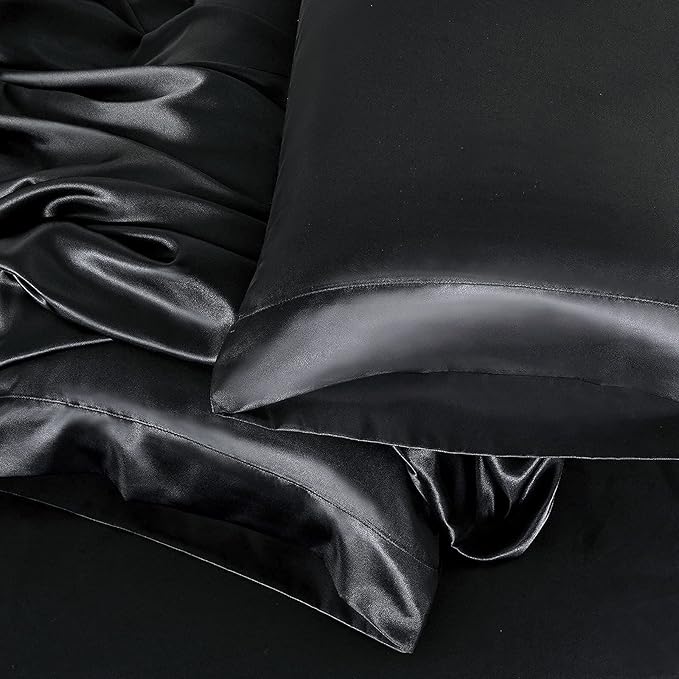 Homiest 5pcs Satin Split King Sheets Sets for Adjustable Bed, Luxury Silky Satin Bedding Set with Deep Pocket, 2 Fitted Sheets + 1 Flat Sheet + 2 Pillowcases (Split King Size, Black)
