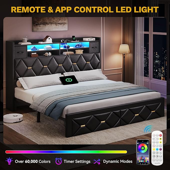 YITAHOME King Size Bed Frame with 2 Storage Drawers and Storage Headboard, Upholstered Platform with Charging Station and LED Light, No Box Spring Needed, Noise Free, Easy Assembly, PU Leather Black