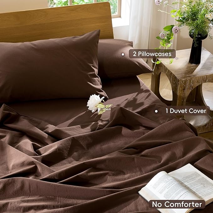 MooMee Bedding Duvet Cover Set 100% Washed Cotton Linen Like Textured Breathable Durable Soft Comfy (Solid Cocoa Brown, Full 80"x90")
