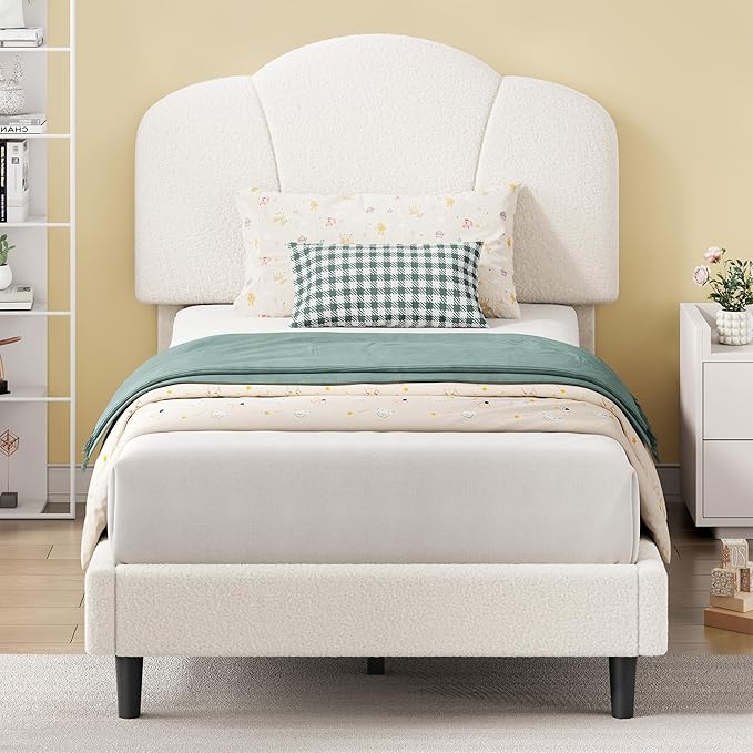 LIKIMIO Twin Size Bed Frame Set of 2, Upholstered Twin Platform Bed with Headboard Lamb Velvet Twin Beds, No Box Spring Needed with 800LBS Sturdy Wooden Slats Support, Noise Free, Easy Assembly, White