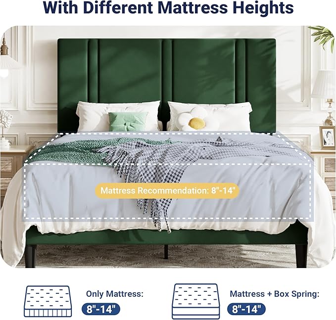 Allewie Full Size Platform Bed Frame with Adjustable Headboard, Plush Velvet Upholstered, Vertical Channel Tufted, Sturdy Wooden Slats, No Box Spring Needed, Easy Assembly, Green