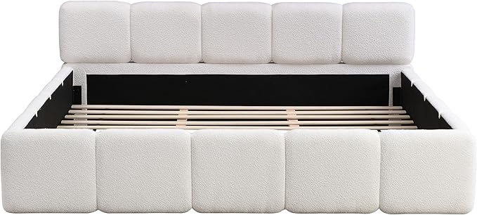 Merax California King Size Boucle Platform Bed with Thick Headboard and Footboard, Block Style Upholstery Floor Bed Frame, White