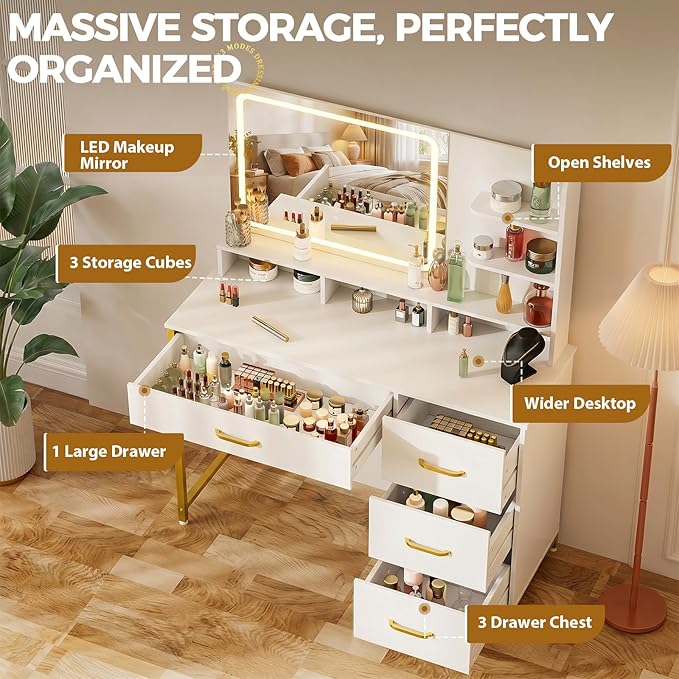 LUCKRACER Vanity Desk with LED Lights Mirror, Makeup Vanity with Storage Drawers and Shelves, Modern Dressing Table for Women Girls Bedroom, Ivory White