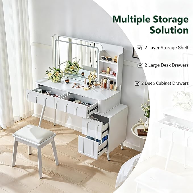 Casaphoria Makeup Vanity Desk with LED Lights & Mirror, 45.5" Dressing Table Set with 4 Drawers and Stool | White Bedroom Makeup Table with Dimmable Brightness, Space-Saving Design for Women & Teens