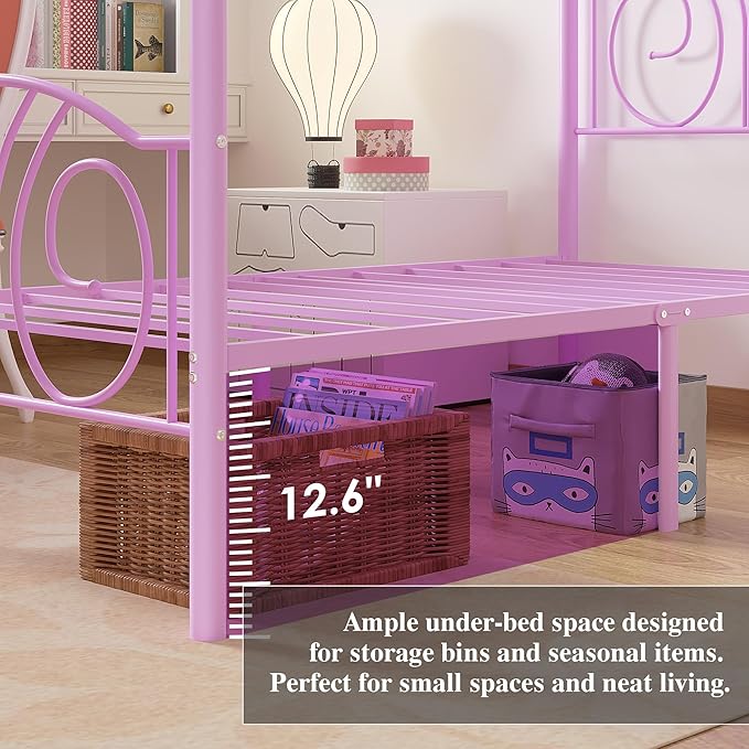 VECELO Metal Canopy Bed Frame Twin Size, 4 Posters Platform Mattress Foundation with Headboard, Heavy Duty Steel Slats Support, No Box Spring Needed, Purple