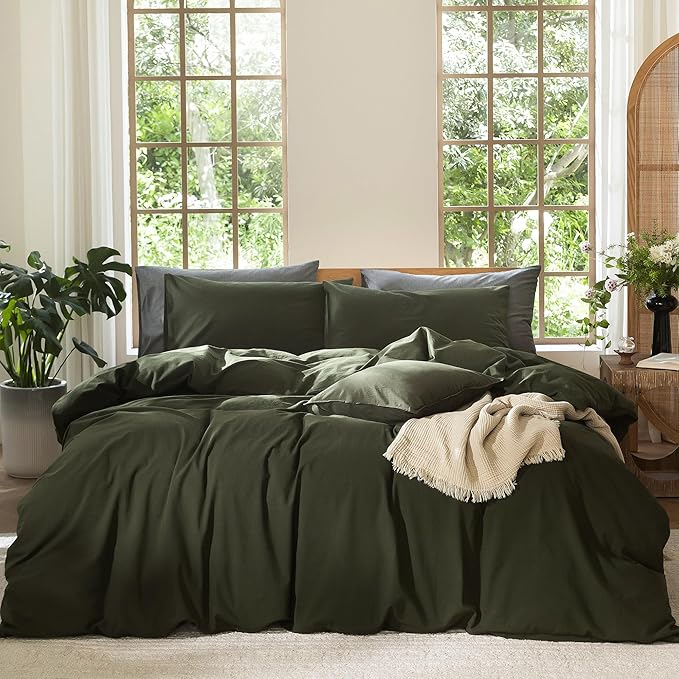 MooMee Bedding Duvet Cover Set 100% Washed Cotton Linen Like Textured Breathable Durable Soft Comfy (Solid Olive Green, Super Queen 90"x98")