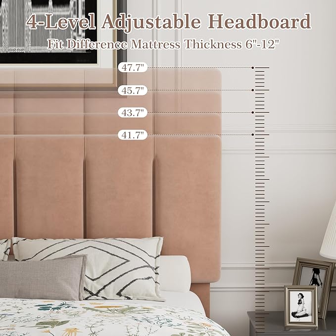 VECELO Queen Size Bed Frame with Upholstered Headboard, Heavy-Duty Bedframe with Wooden Slats & Steel Framework, Easy Assembly, Coffee